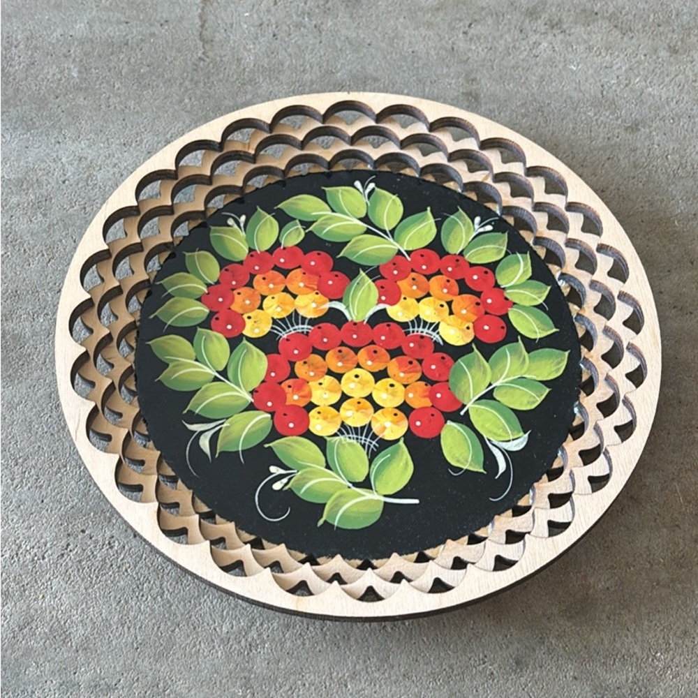 Folk Art Hand Painted Wooden Plate Floral Colorful Signed 8.5 inch